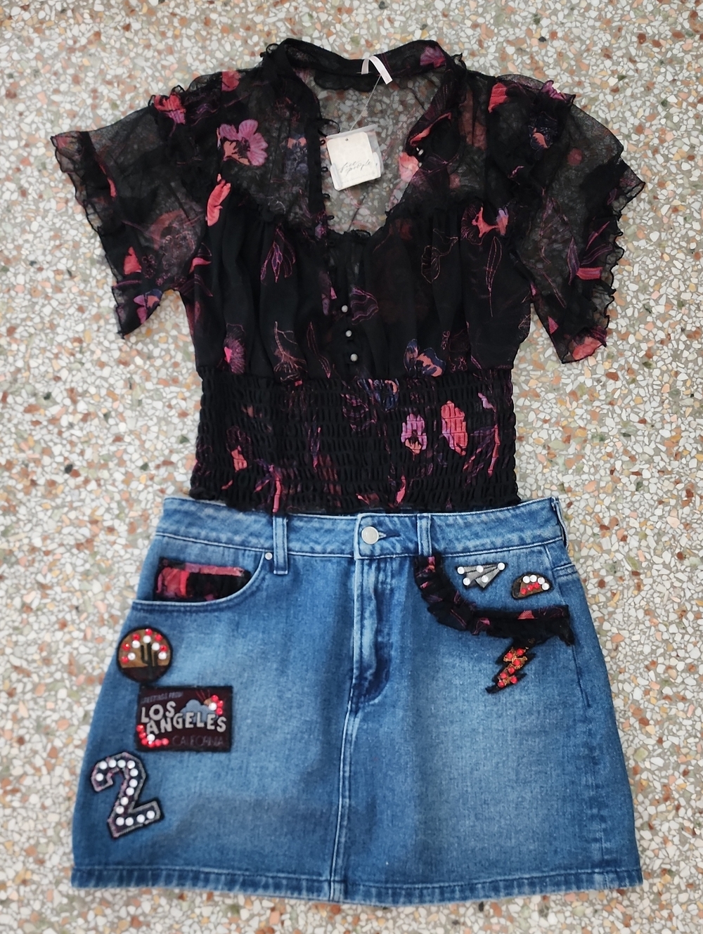 Free People Black Sheer Floral Smocked Top with Pink Flowers And Jean Skirt SET